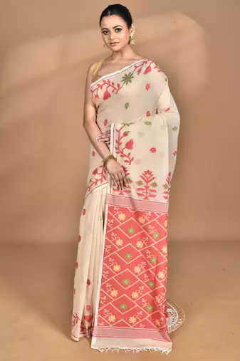 Cream Cotton Dhakai Jamdani Handloom Saree With Blouse