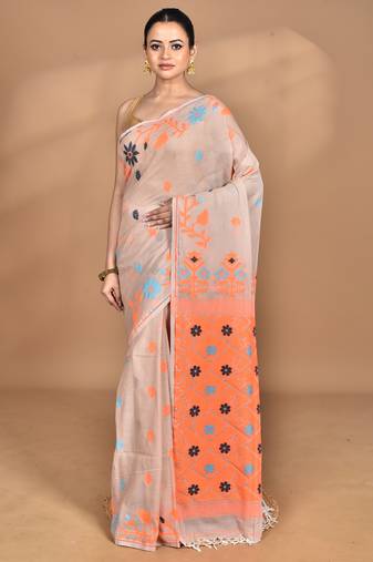 beige Cotton Dhakai Jamdani Handloom Saree With Blouse