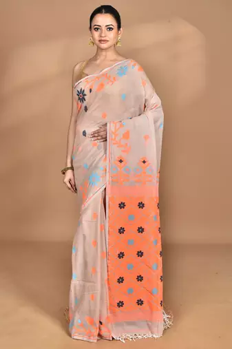 beige Cotton Dhakai Jamdani Handloom Saree With Blouse