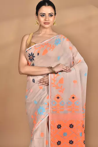 beige Cotton Dhakai Jamdani Handloom Saree With Blouse
