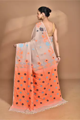 beige Cotton Dhakai Jamdani Handloom Saree With Blouse