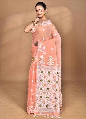 peach Cotton Dhakai Jamdani Handloom Saree With Blouse 1