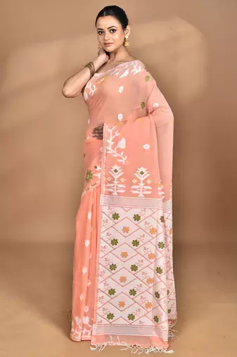 peach Cotton Dhakai Jamdani Handloom Saree With Blouse