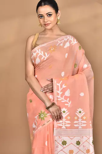 peach Cotton Dhakai Jamdani Handloom Saree With Blouse