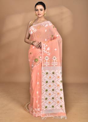 peach Cotton Dhakai Jamdani Handloom Saree With Blouse 3