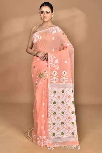 peach Cotton Dhakai Jamdani Handloom Saree With Blouse