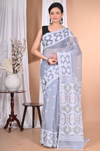 grey Cotton Dhakai Jamdani Handloom Saree With Blouse