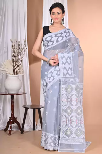 grey Cotton Dhakai Jamdani Handloom Saree With Blouse