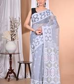 grey Cotton Dhakai Jamdani Handloom Saree With Blouse