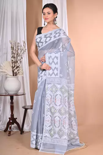 grey Cotton Dhakai Jamdani Handloom Saree With Blouse