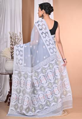 grey Cotton Dhakai Jamdani Handloom Saree With Blouse 3