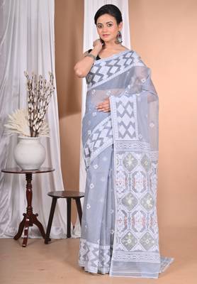 grey Cotton Dhakai Jamdani Handloom Saree With Blouse 4