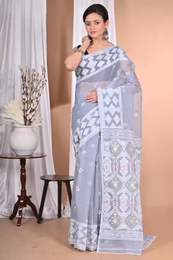 grey Cotton Dhakai Jamdani Handloom Saree With Blouse