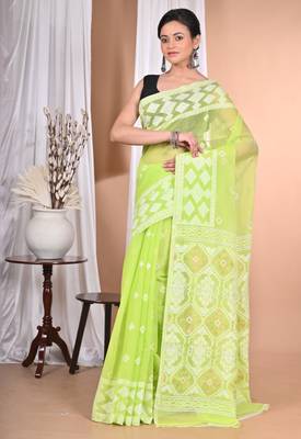 green Cotton Dhakai Jamdani Handloom Saree With Blouse 1