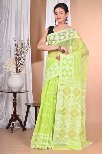 green Cotton Dhakai Jamdani Handloom Saree With Blouse