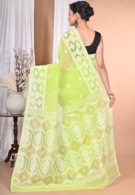 green Cotton Dhakai Jamdani Handloom Saree With Blouse 3