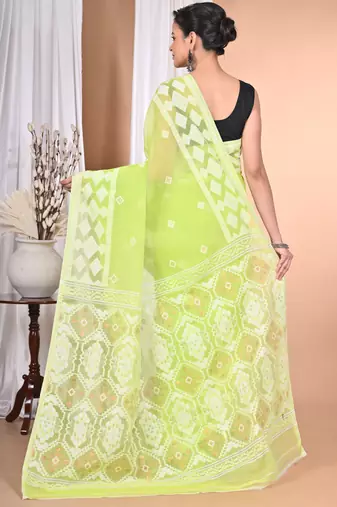 green Cotton Dhakai Jamdani Handloom Saree With Blouse