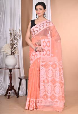 peach Cotton Dhakai Jamdani Handloom Saree With Blouse 1