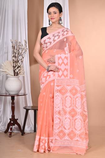 peach Cotton Dhakai Jamdani Handloom Saree With Blouse