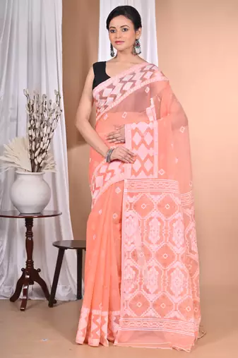 peach Cotton Dhakai Jamdani Handloom Saree With Blouse