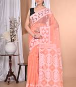 peach Cotton Dhakai Jamdani Handloom Saree With Blouse
