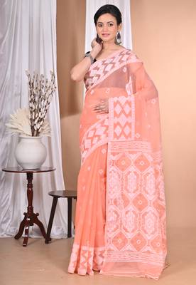 peach Cotton Dhakai Jamdani Handloom Saree With Blouse 2