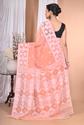 peach Cotton Dhakai Jamdani Handloom Saree With Blouse 3