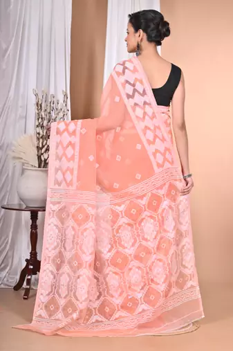peach Cotton Dhakai Jamdani Handloom Saree With Blouse