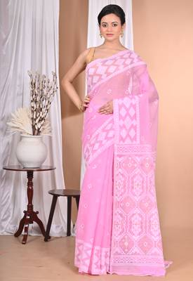 Pink Cotton Dhakai Jamdani Handloom Saree With Blouse 1