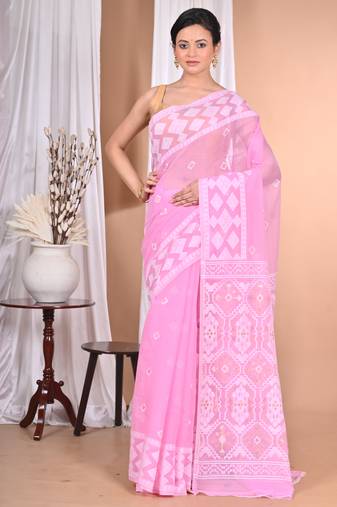 Pink Cotton Dhakai Jamdani Handloom Saree With Blouse