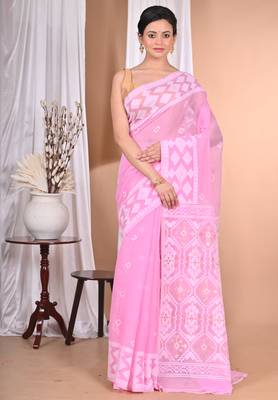 Pink Cotton Dhakai Jamdani Handloom Saree With Blouse 2
