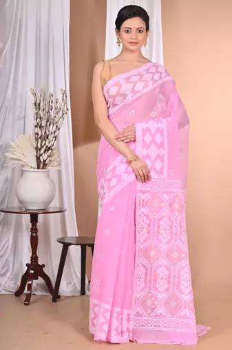 Pink Cotton Dhakai Jamdani Handloom Saree With Blouse