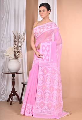 Pink Cotton Dhakai Jamdani Handloom Saree With Blouse 3