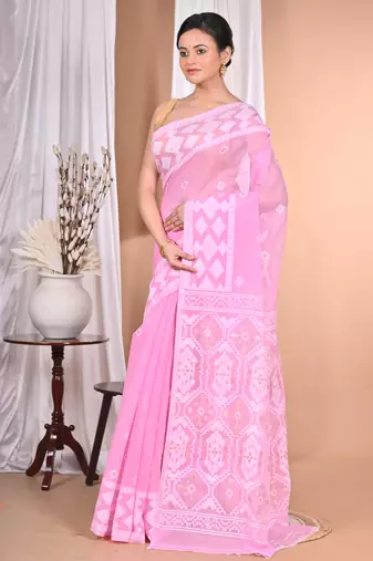 Pink Cotton Dhakai Jamdani Handloom Saree With Blouse