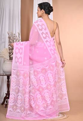 Pink Cotton Dhakai Jamdani Handloom Saree With Blouse 4