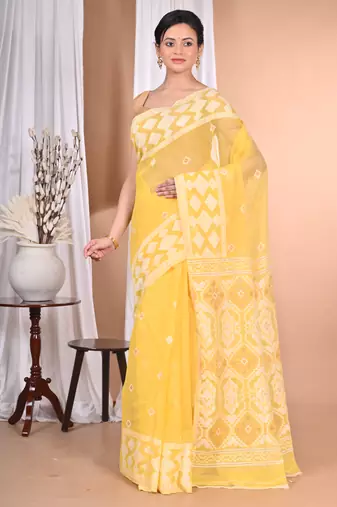 yellow Cotton Dhakai Jamdani Handloom Saree With Blouse