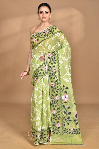 GREEN Cotton Dhakai Jamdani Handloom Saree With Blouse