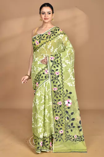 GREEN Cotton Dhakai Jamdani Handloom Saree With Blouse