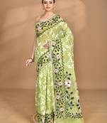 GREEN Cotton Dhakai Jamdani Handloom Saree With Blouse