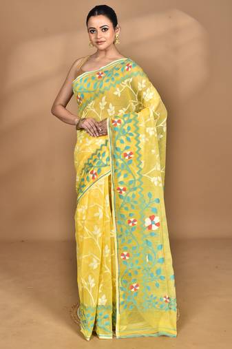 yellow Cotton Dhakai Jamdani Handloom Saree With Blouse