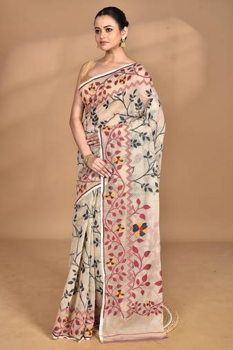 beige Cotton Dhakai Jamdani Handloom Saree With Blouse