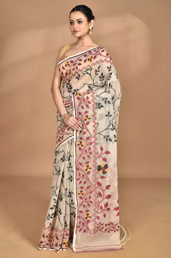 beige Cotton Dhakai Jamdani Handloom Saree With Blouse