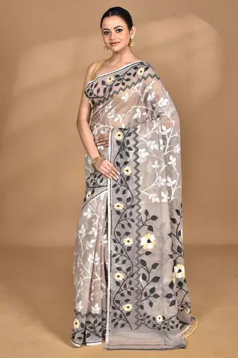 beige Cotton Dhakai Jamdani Handloom Saree With Blouse