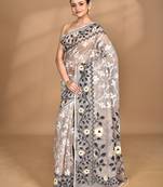 beige Cotton Dhakai Jamdani Handloom Saree With Blouse