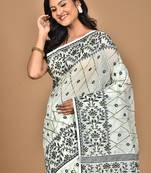 Cream Cotton Dhakai Jamdani Handloom Saree With Blouse