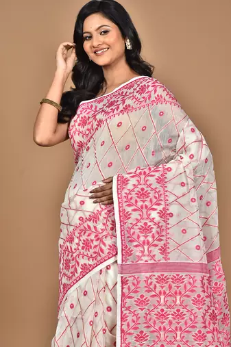 off white Cotton Dhakai Jamdani Handloom Saree With Blouse