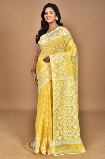 yellow Cotton Dhakai Jamdani Handloom Saree With Blouse