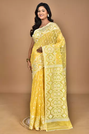 yellow Cotton Dhakai Jamdani Handloom Saree With Blouse