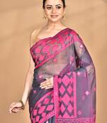 magenta Cotton Dhakai Jamdani Handloom Saree With Blouse
