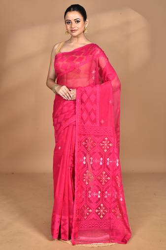 Pink Cotton Dhakai Jamdani Handloom Saree With Blouse
